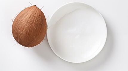 Coconut, on a white round plate, on a white background, top view