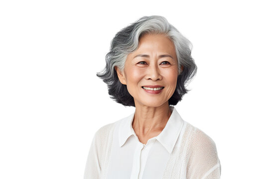 Happy middle aged mature asian woman, senior older 50 year lady looking at camera touching her face isolated on white close up face portrait PNG