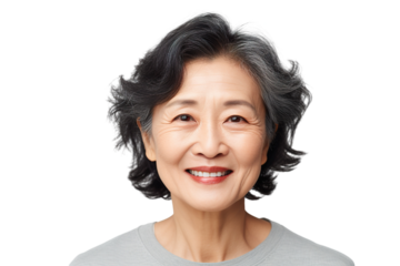 Happy middle aged mature asian woman, senior older 50 year lady looking at camera touching her face isolated on white close up face portrait PNG