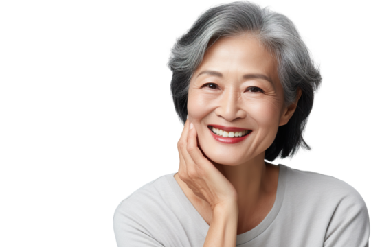 Happy middle aged mature asian woman, senior older 50 year lady looking at camera touching her face isolated on white close up face portrait PNG