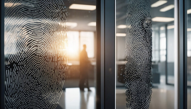 Escaneo de huellas dactilares en la entrada del cristal de la oficina.