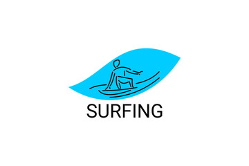 Fototapeta premium surfing sport vector line icon. a surfer is surfing in the sea. sport pictogram, vector illustration.