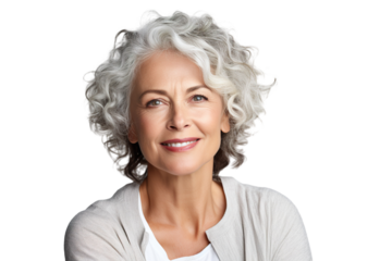 Happy middle aged woman, senior older 50 year lady looking at camera touching her face isolated on white close up face portrait