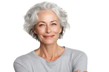 Happy middle aged woman, senior older 50 year lady looking at camera touching her face isolated on white close up face portrait
