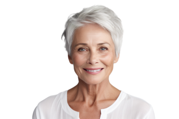 Happy middle aged woman, senior older 50 year lady looking at camera touching her face isolated on white close up face portrait