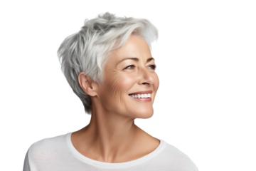 Happy middle aged woman, senior older 50 year lady looking at camera touching her face isolated on white close up face portrait