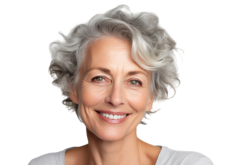 Happy middle aged woman, senior older 50 year lady looking at camera touching her face isolated on white close up face portrait