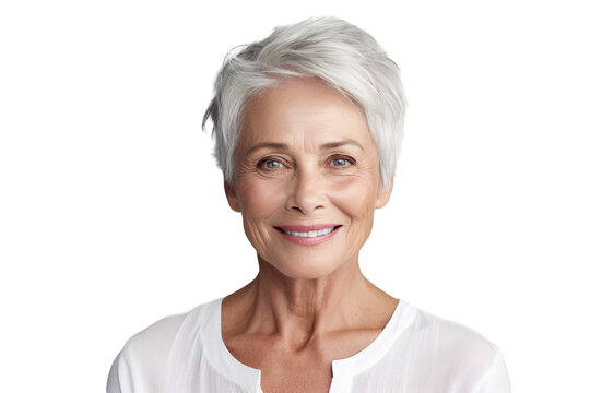 Happy middle aged woman, senior older 50 year lady looking at camera touching her face isolated on white close up face portrait