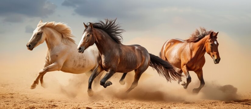 Beautiful three wild horses running freely on the sandy beach under the clear blue sky