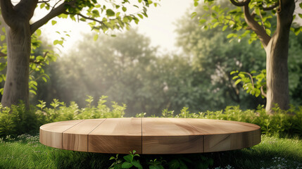 Tree Table wood Podium in farm display for food, perfume, and other products on nature background,
