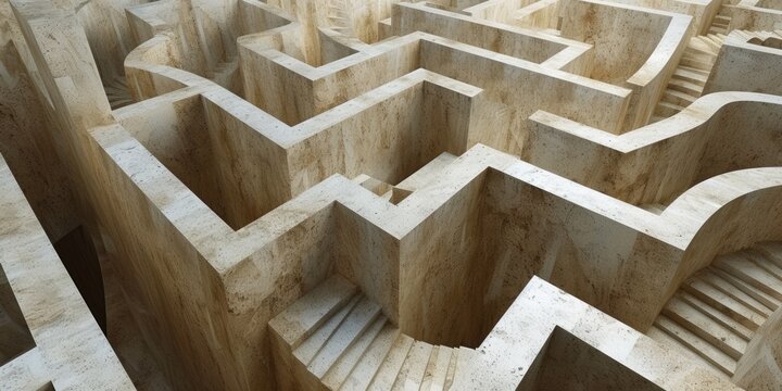 A maze of stairs and a large stone wall with an opening, AI