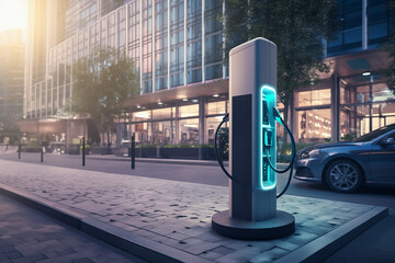 EV car charger in the office building city view.