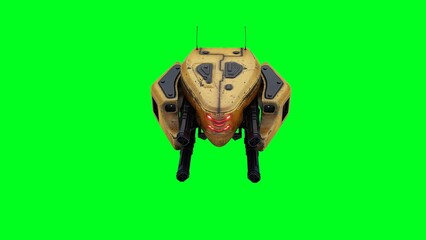 Flying military, war droid, bot with gun. Green screen. 3d rendering.
