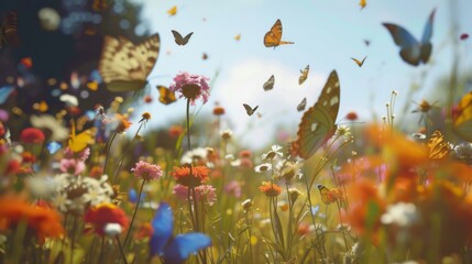 Colorful Butterfly Symphony in a Field of Wildflowers AI Generated - obrazy, fototapety, plakaty