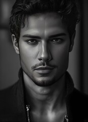 portrait of a person.A black and white image of a handsome young man, his expression intense yet sophisticated, against a timeless grayscale backdrop.