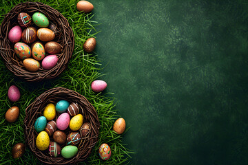 Fototapeta na wymiar Colorful Easter chocolate eggs in nest and candies in green grass. Easter hunt concept. Spring background for design greeting card, banner, poster, flyer. Flat lay, top view with copy space
