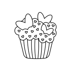 Cute cupcake with hearts. Doodle sweet dessert. Vector linear illustration.
