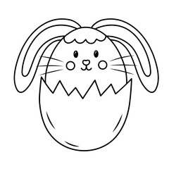 Cute Easter bunny sits in egg. Doodle chubby rabbit. Vector linear illustration.