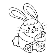 Cute Easter bunny holding carrot. Doodle chubby rabbit. Vector linear illustration.