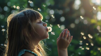 Dreamy Portrait of Young Girl Blowing Dandelion Seeds AI Generated.