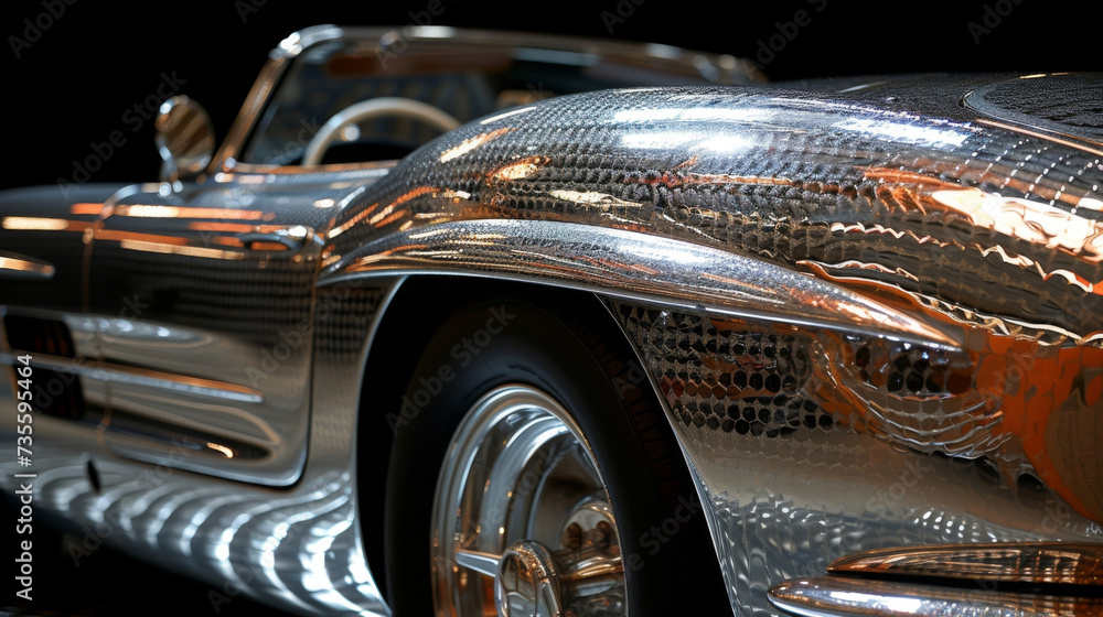 Poster closeup of the shiny metallic texture of a sports car with intricate patterns and lines etched into 
