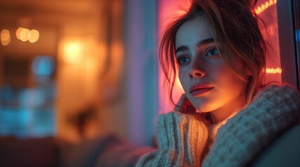 Fototapeta premium portrait of a girl in the night at home, Women with mobile phone monitoring home electricity usage with mobile apps, people checking energy usage to save electricity bills, and energy transition