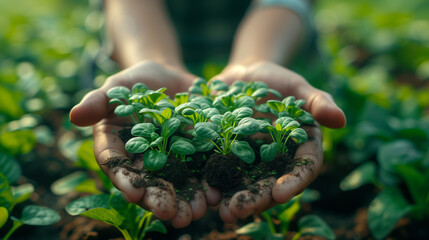 Naklejka na ściany i meble Teamwork growth with plants in the hands of a group or team of eco people for agriculture and collaboration in a green business concept. Diverse people holding growing sprouts in a startup company