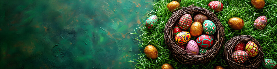 Colorful Easter chocolate eggs in nest and candies in green grass. Easter hunt concept. Spring background for design greeting card, banner, poster, flyer. Flat lay, top view with copy space - obrazy, fototapety, plakaty