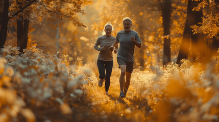 Retirement, couple, and running fitness health for body and heart wellness with natural aging....