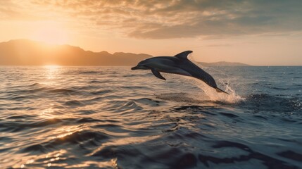 Vibrant Sunset with Graceful Dolphin Leaping Out of Water