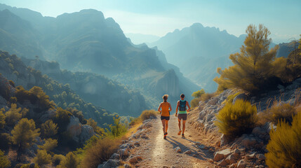 Young people trail running on a mountain path. Two runners working out in the morning at sunrise in nature at the mountains - obrazy, fototapety, plakaty