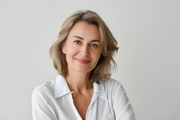 Portrait of happy mid 40s woman wear white sweeter looks in camera isolated on white background