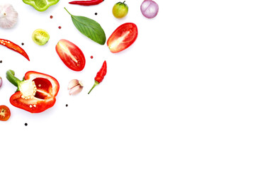 Various fresh vegetables and herbs on white background.