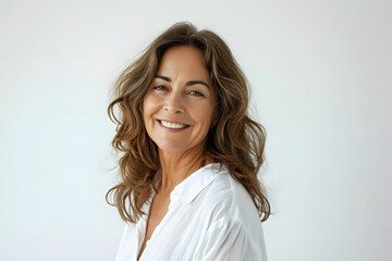 Portrait of happy mid 40s woman wear white sweeter looks in camera isolated on white background