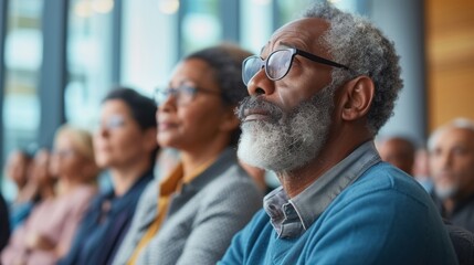 A diverse group of retirees sit attentively in a brightly lit room listening intently as a financial expert speaks about retirement planning. - obrazy, fototapety, plakaty