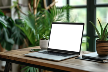 Wooden Desk Minimalistic Laptop Screen Mockup Side angle