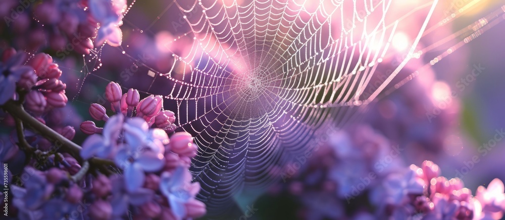 Poster intricate and delicate spider web pattern in a natural outdoor setting
