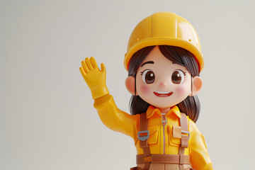 A cute 3D style character of a friendly female construction worker waving