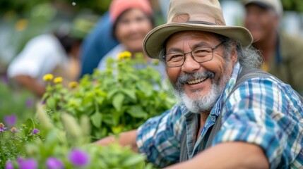 A group of retirees happily chat and swap gardening tips as they work side by side in the community garden building friendships while promoting sustainable living.
