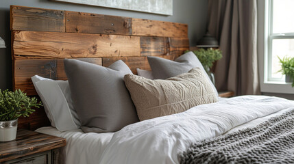 A closeup of a reclaimed wood headboard featuring varying shades of wood and an aged patina that adds character to the bedroom.