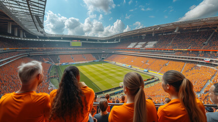 supporters of the Dutch football team in a football stadium, supporters of the Netherlands in a stadium, fans at a soccer game, European Championship or world cup concept wk and ek