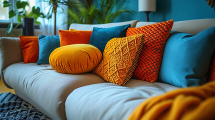 A cozy living room is accented with a vibrant geometric throw pillow featuring an eyecatching pattern of overlapping triangles in shades of orange teal and yellow.