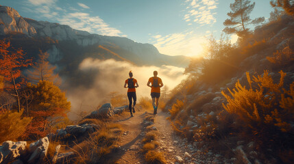 Young people trail running on a mountain path. Two runners working out in morning at sunrise with fog - obrazy, fototapety, plakaty