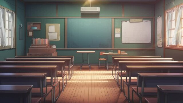 Animated illustration of a blackboard in a classroom with an educational theme. Digital painting or cartoon anime style, animated background. 4k loop background.