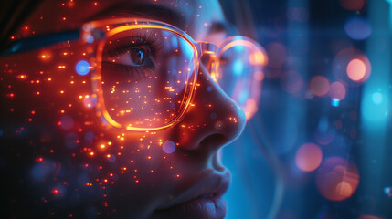 woman with glasses and reflection of computer code, Macro view into the eye of a computer hacker as he monitors a computer screen. Female using internet, reading, watching, styding, analizing, working - obrazy, fototapety, plakaty