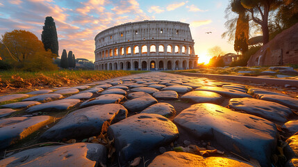Colosseum during a quiet moment at sunset in Rome Italy, low angle view of Colosseum - Powered by Adobe