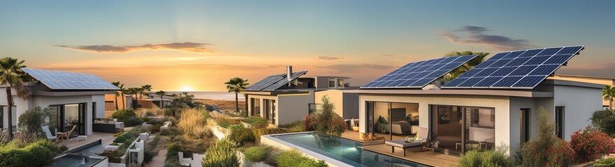 Eco-friendly house design ideas on the roof with solar panels, renewable electricity, environmentally friendly - obrazy, fototapety, plakaty