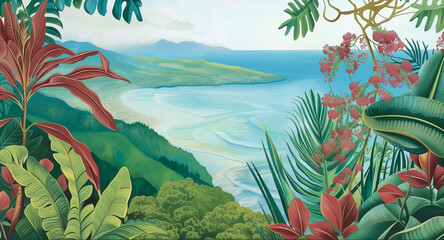 Fototapeta na wymiar an illustration of an island paradise cove with beautiful foliage and flowers framing the scene