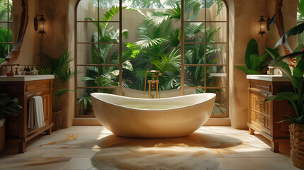 Fototapeta na wymiar modern luxury bathroom with green plants and marble bath, Interior design, a spa-like bathroom sanctuary featuring marble countertops, a freestanding marble bathtub