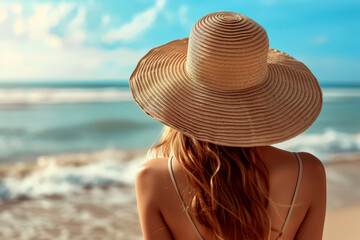 Fototapeta na wymiar A woman in a hat is on the beach . summer vacation concept. nice weather, blue sky. Generative AI